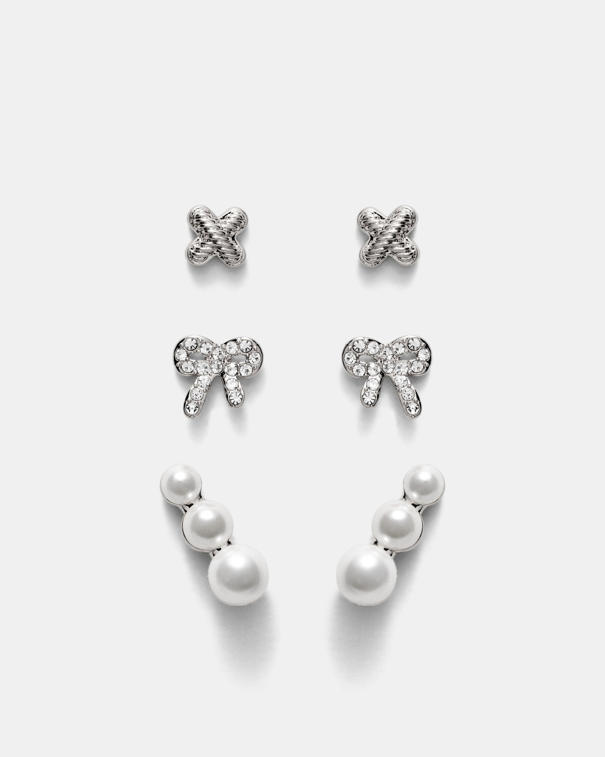 Bow Stud Earrings Set - Silver
